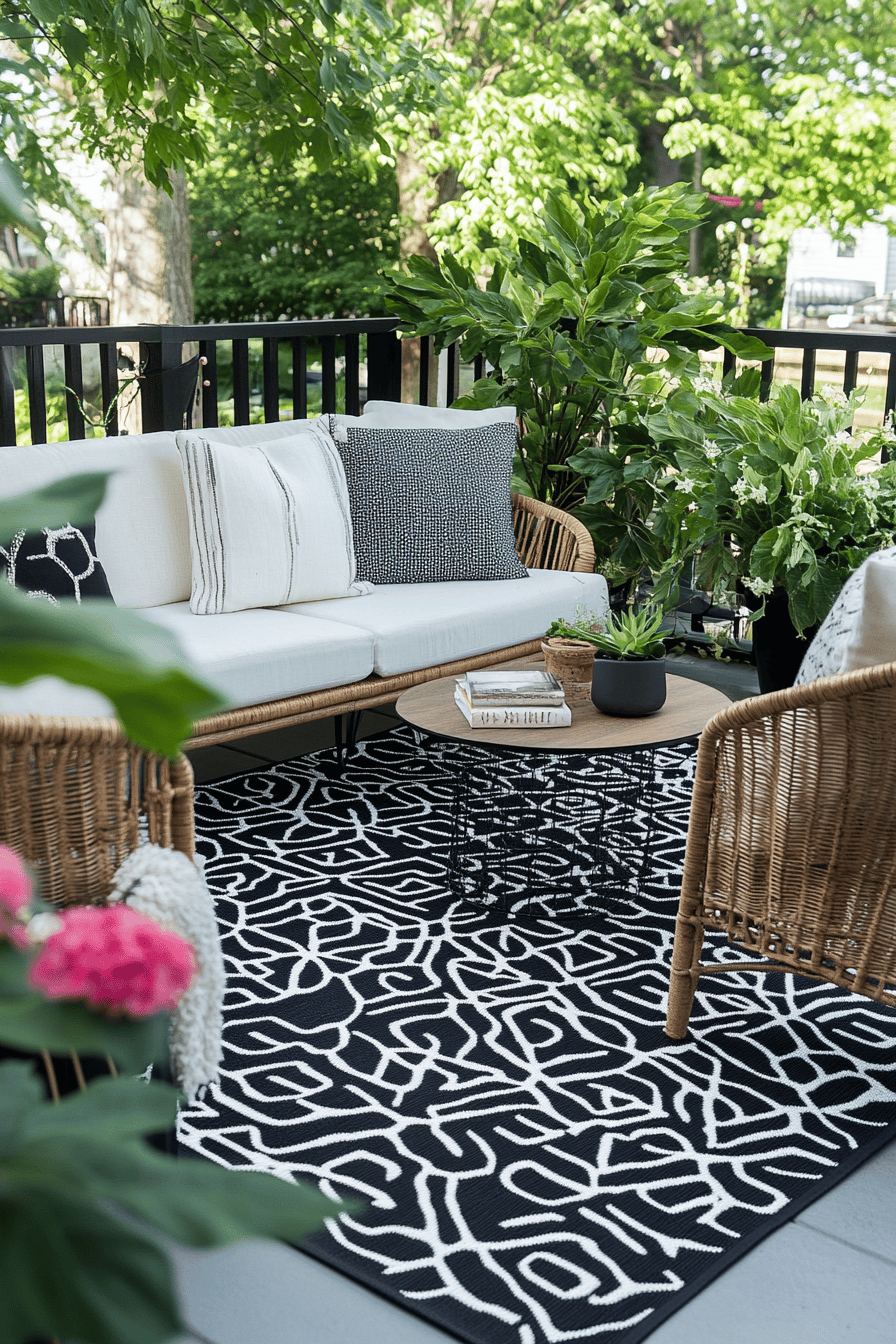 Terrasse mit schwarzem Teppich, weißen Kissen und Pflanzen.