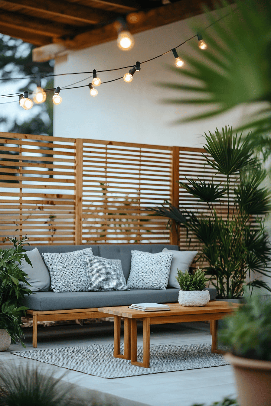 Gemütliche Terrasse mit Holzmöbeln, Sichtschutzwand und Lichterketten.
