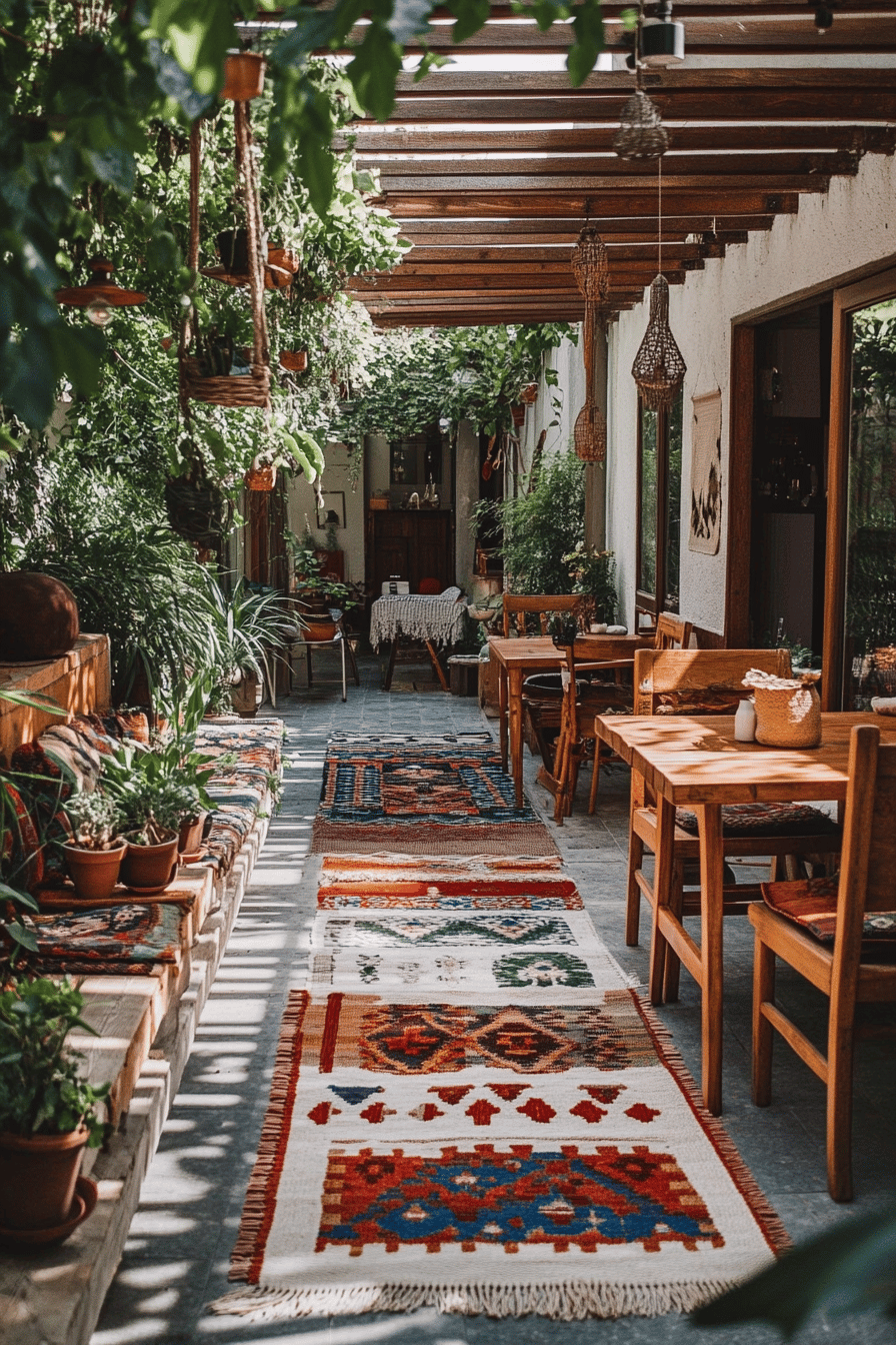 Eine gemütliche Landhaus-Terrasse mit bunten Teppichen, Pflanzen und Holzmöbeln.