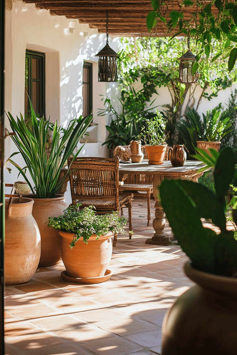 Mediterrane Terrasse mit Terrakotta-Blumentöpfen und grünen Pflanzen.