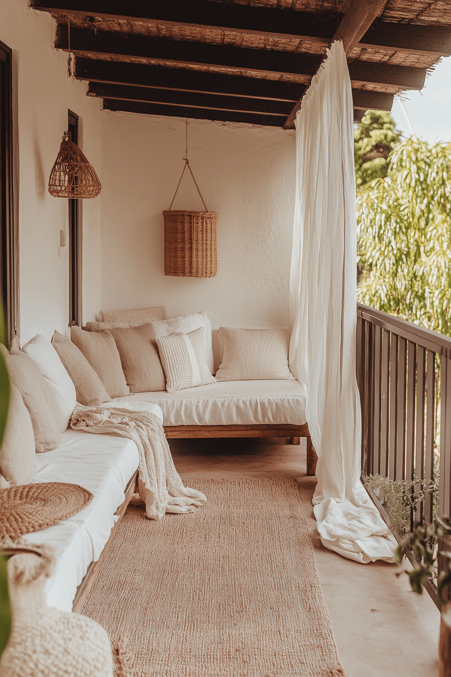 Eine gemütliche überdachte Terrasse mit Kissen und Vorhängen.