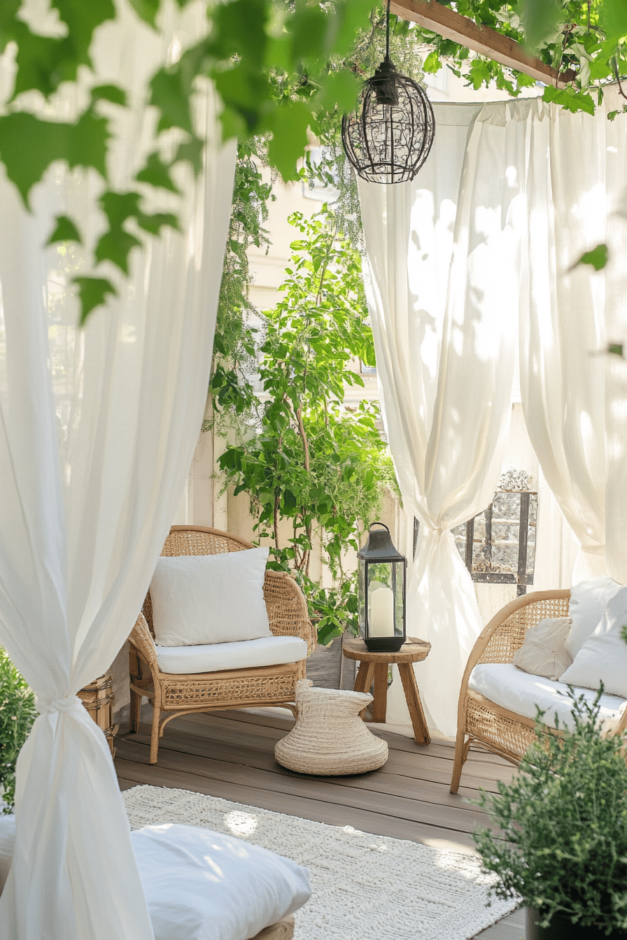 Terrasse mit weißen Vorhängen, Korbmöbeln und Pflanzen.