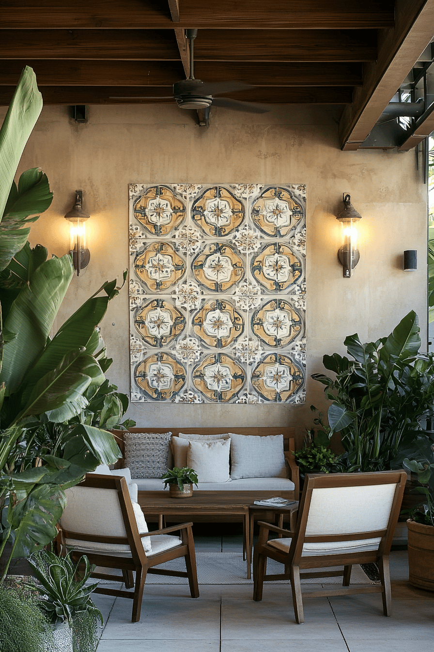 Überdachte Terrasse mit Wanddekoration, gemütlichen Möbeln und Pflanzen.