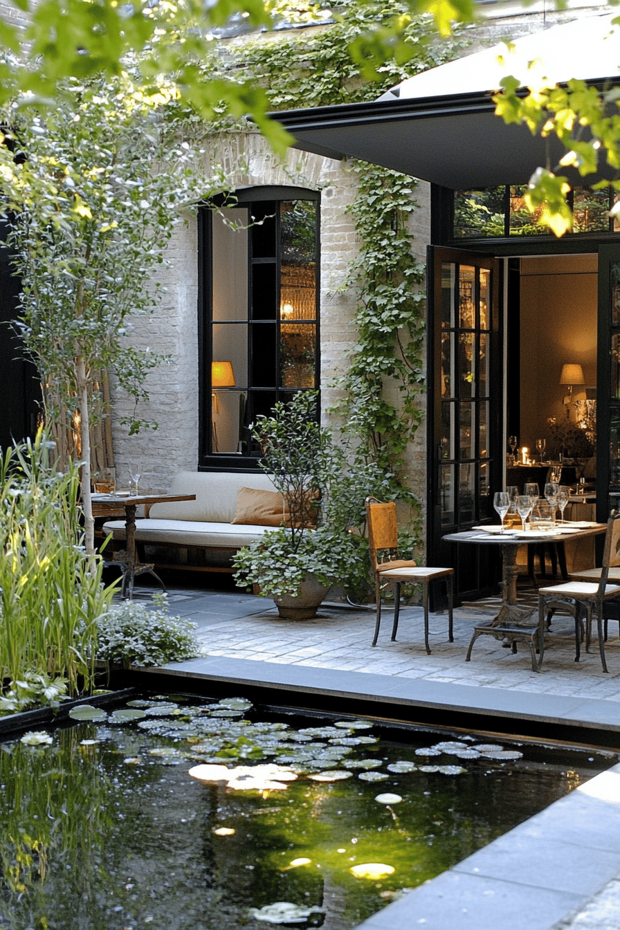Elegante Terrasse mit integriertem Teichelement und stilvoller Beleuchtung.