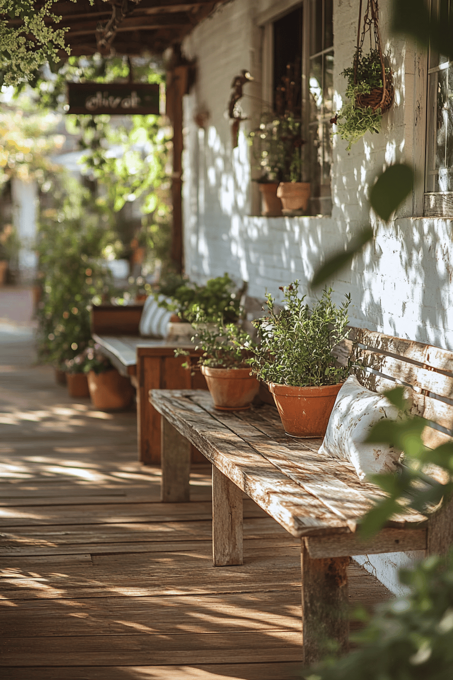 Eine Terrasse mit antiken Holzbänken und Blumentöpfen im Landhausstil.