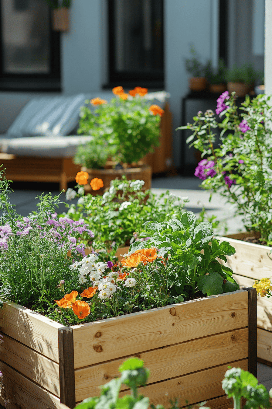 Blumenkästen auf einer Terrasse, gefüllt mit bunten Frühlingsblumen.