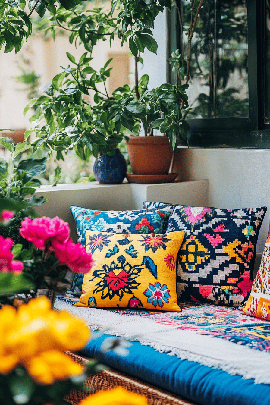 Bunte Kissen mit floralen Mustern auf einer Terrasse.