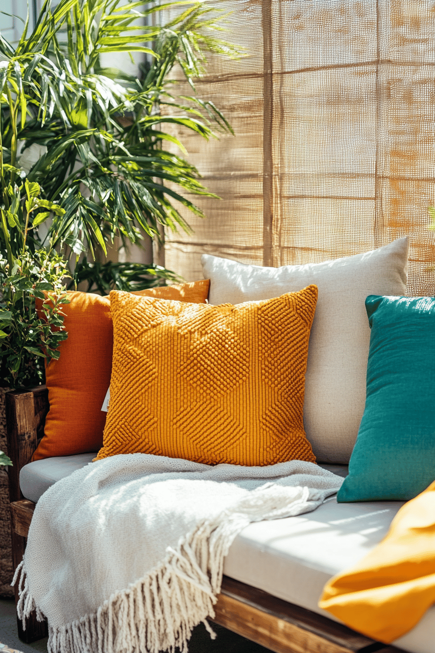 Bunte Outdoor-Kissen und Decken auf einem gemütlichen Sofa, umgeben von Pflanzen.