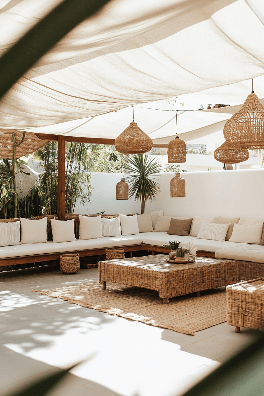 Terrasse mit beigen Sonnenschirmen, Korbmöbeln und hängenden Laternen.