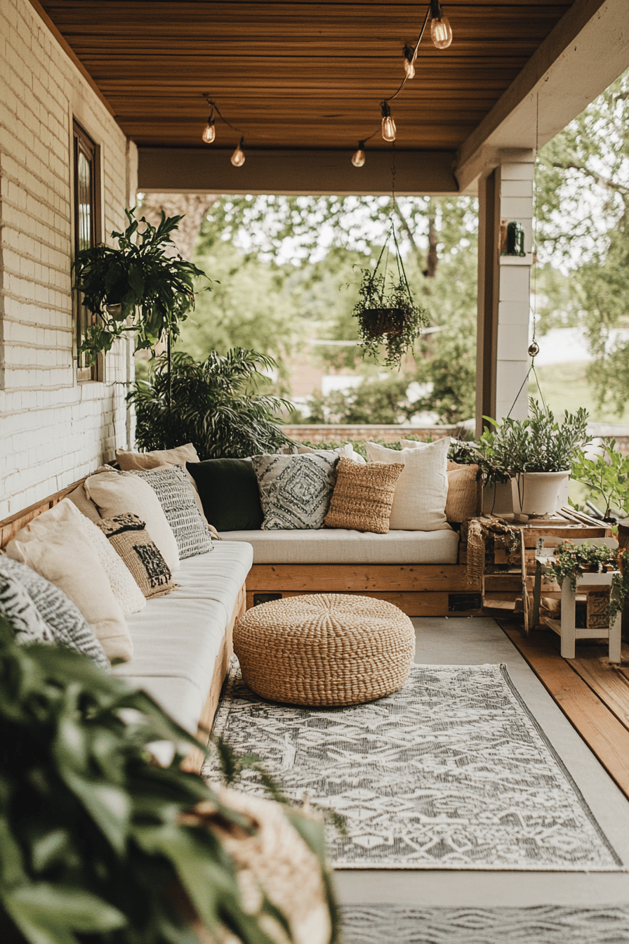Gemütliche Terrasse mit Pflanzen und Sitzgelegenheit.