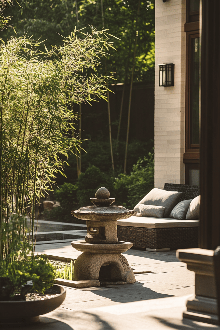 Terrasse mit asiatischem Dekor, einschließlich eines Steinelements und Bambus.