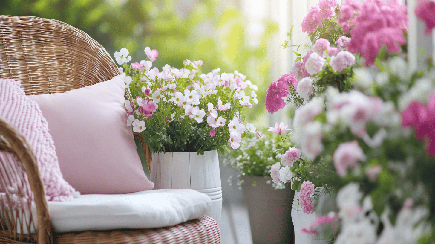Gemütlicher Balkon mit Blumen und Kissen