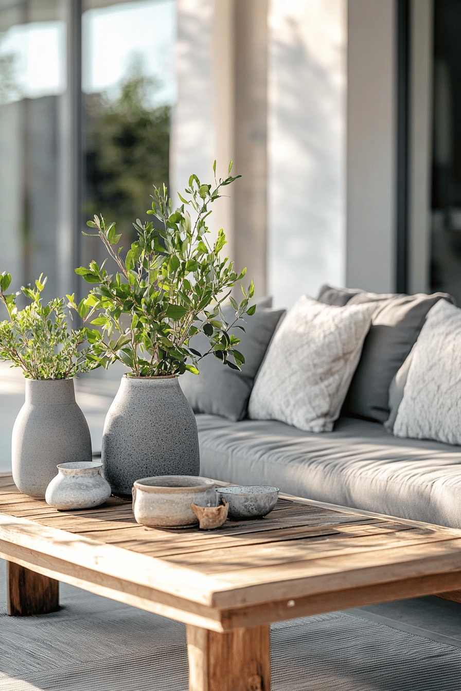 Terrasse mit grauen Vasen und Kissen auf einem Holztisch.