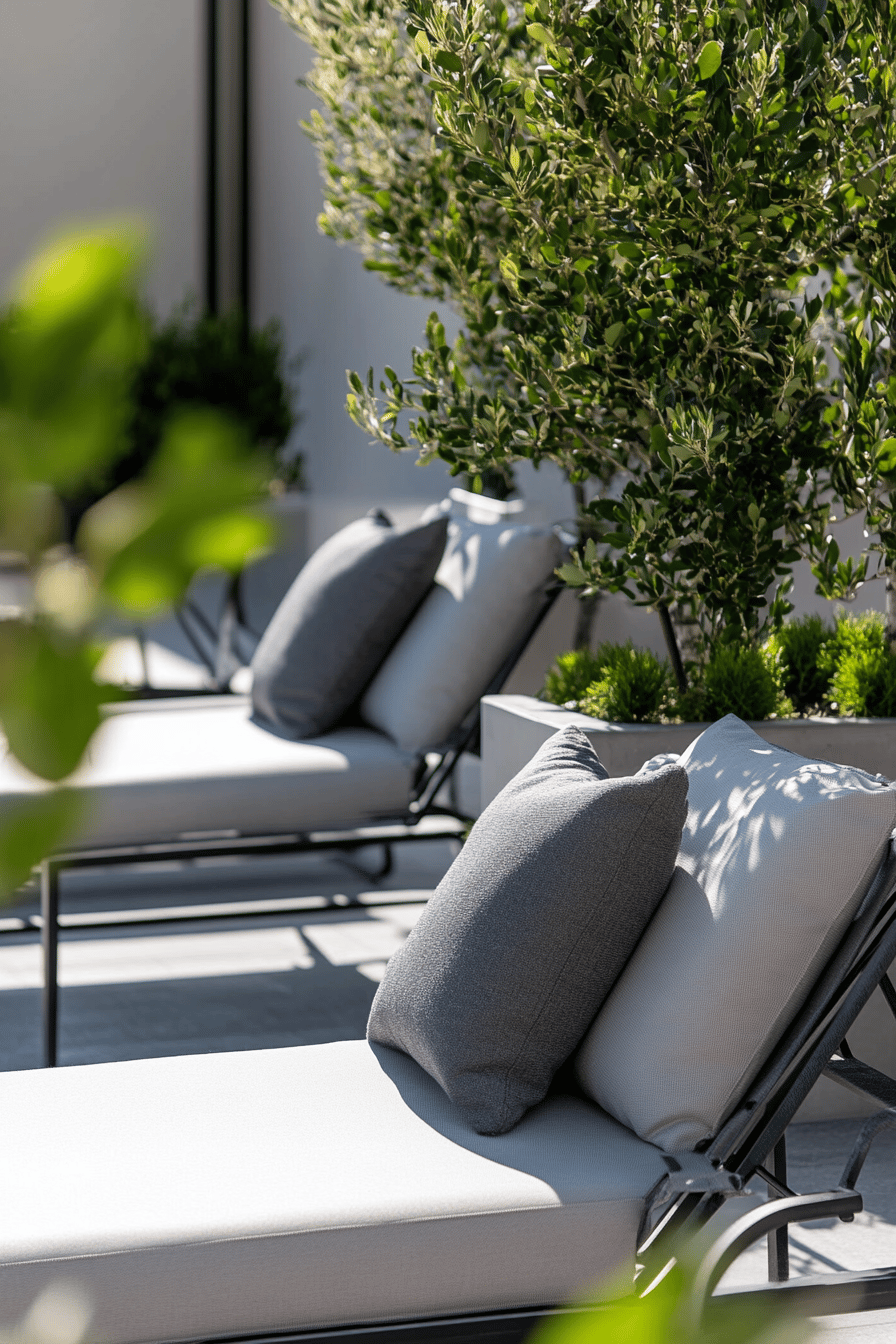 Grau dekorierte Loungemöbel mit grünen Pflanzen auf einer Terrasse.
