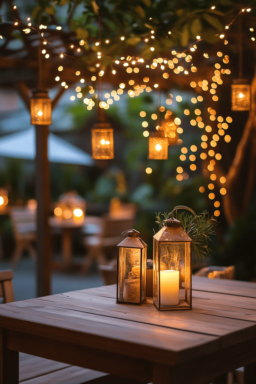 Terrassenansicht mit hängenden Laternen und Lichterketten.