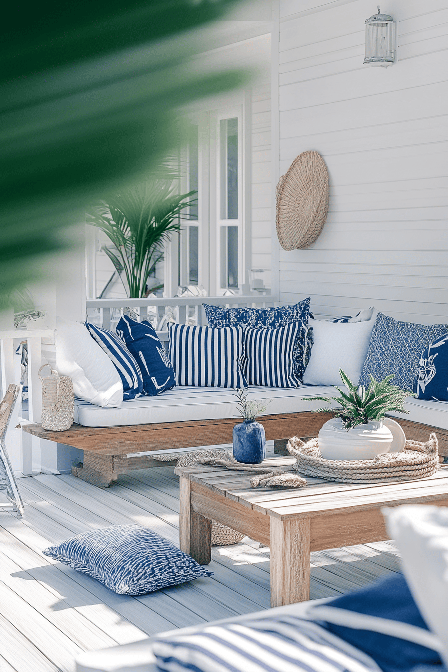 Gemütliche Terrasse in maritimen Farben mit blauen und weißen Kissen.