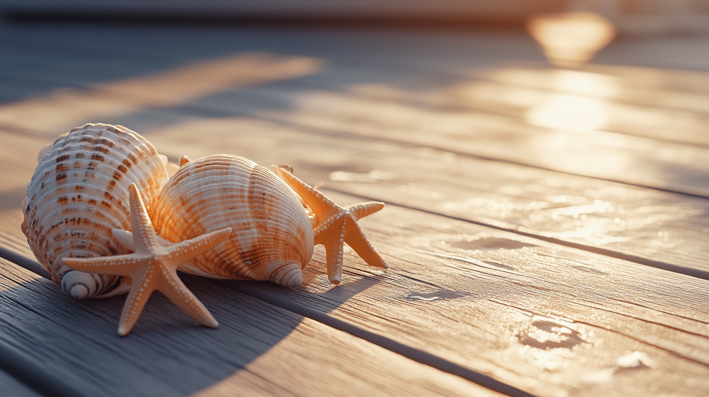 Muscheln und Seesterne auf Holzboden bei Sonnenuntergang