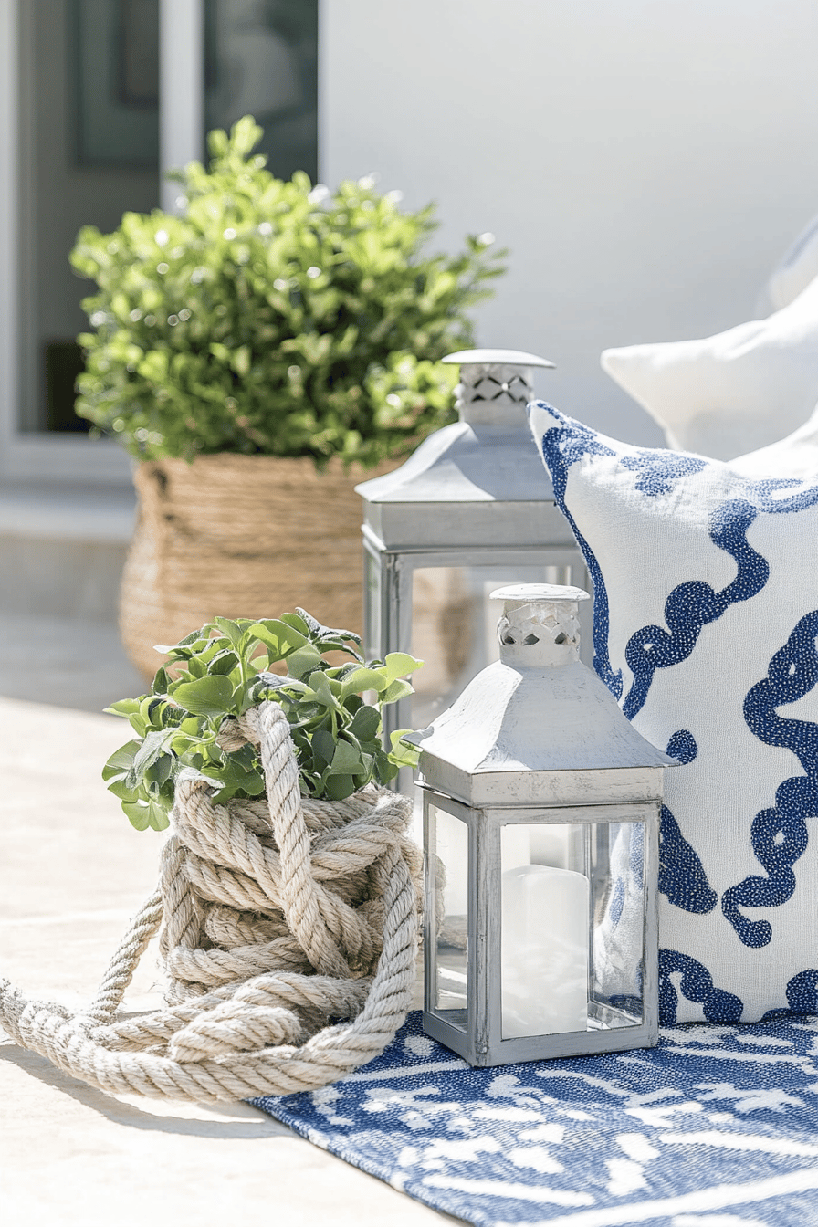 Terrassendekoration mit Seilen, blauer Kissenbezug, Laternen und Pflanzen im maritimen Stil.