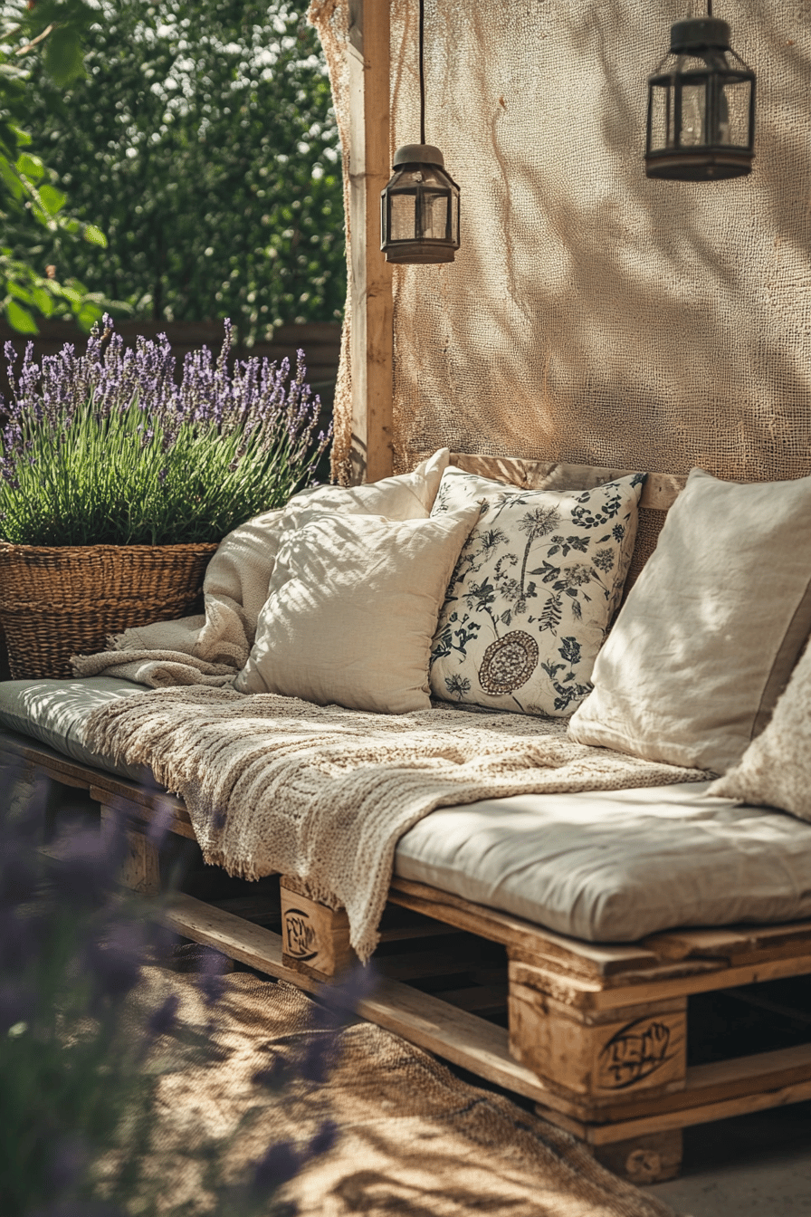 Gemütliche Terrasse mit DIY-Möbeln aus Holzpaletten, dekoriert mit Kissen und Lavendel.