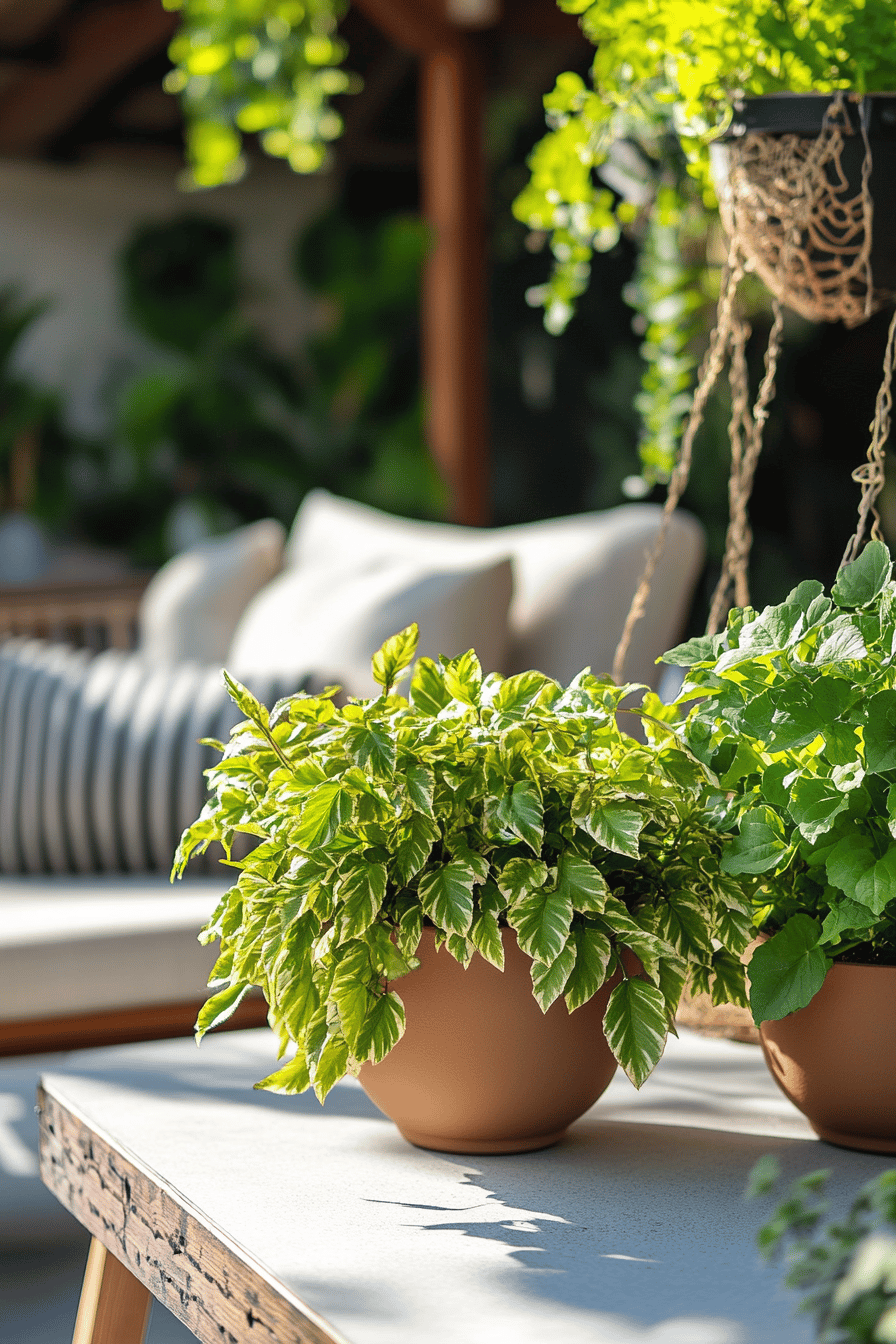 Terrassenmöbel mit gemütlichen Kissen und Pflanzgefäßen mit grünen Pflanzen.