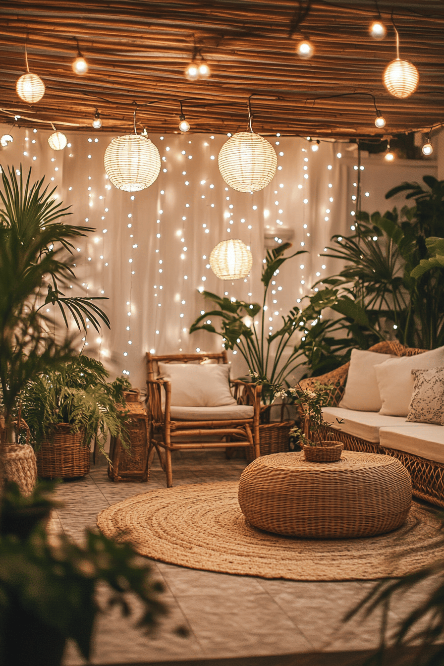 Geschmackvoll dekorierte Terrasse mit Rattanmöbeln und warmweißen Lichterketten.