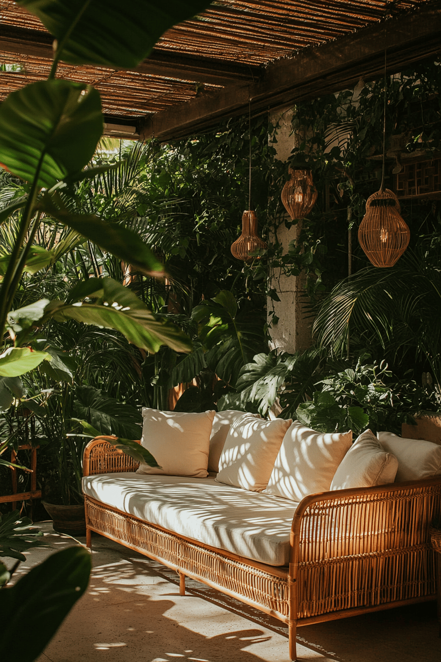 Gemütliche Terrasse mit Rattan-Sofa und grüner Bepflanzung.