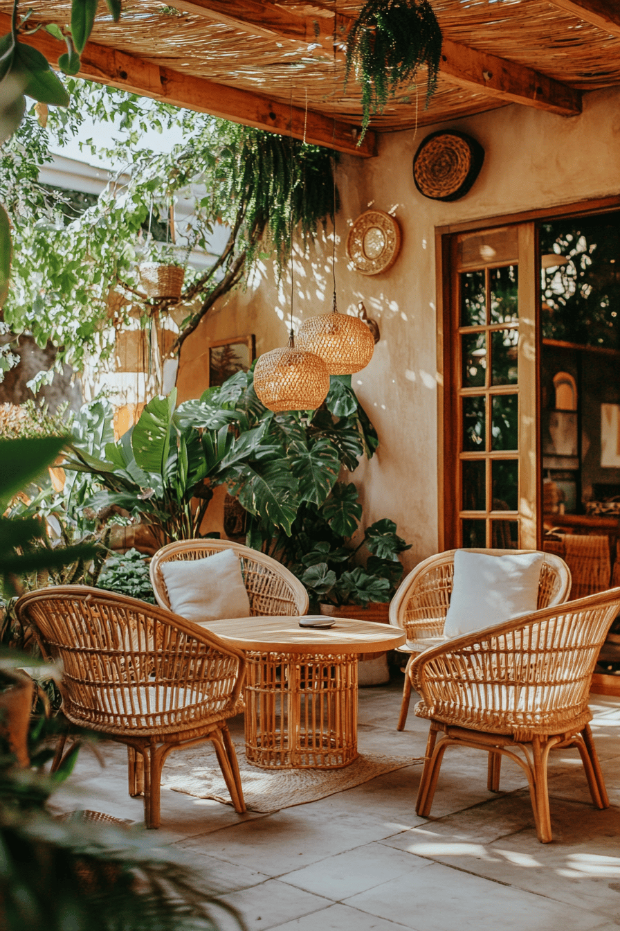 Terrasse mit Rattanmöbeln und üppigem Grün.