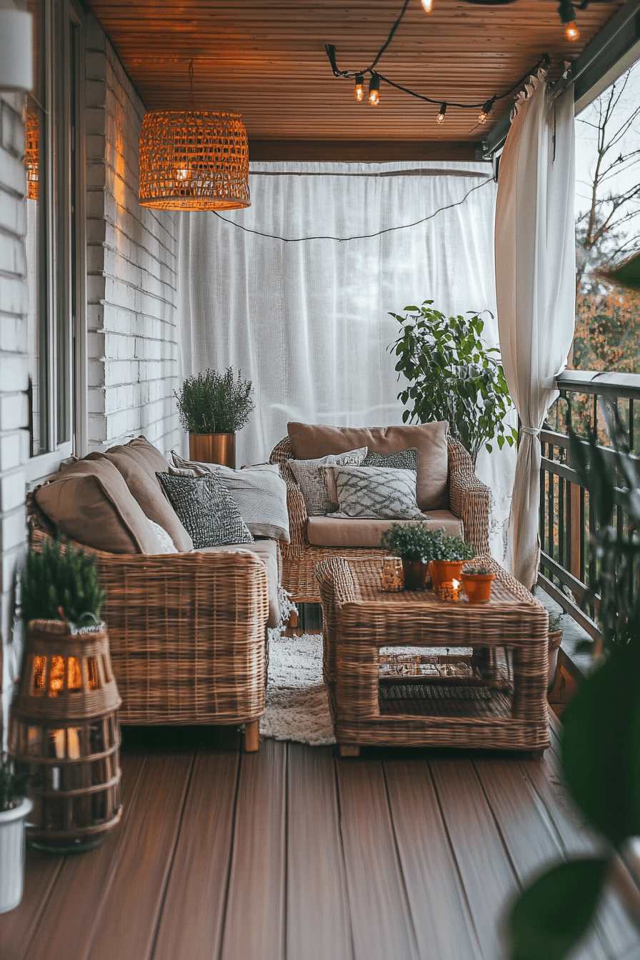 Eine stilvolle Terrasse mit Rattanmöbeln, Pflanzen und Vorhängen als Wetterschutz.