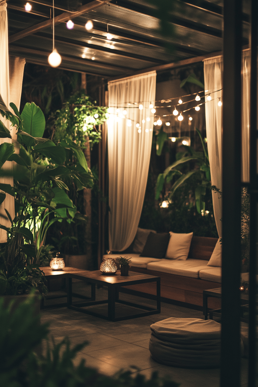 Gemütliche Terrasse mit Lichterketten und Pflanzen.