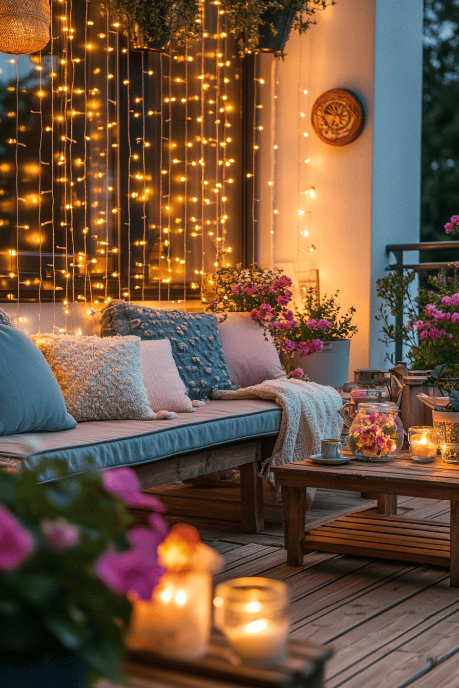 Terrasse mit Lichterketten, Kissen und Kerzen
