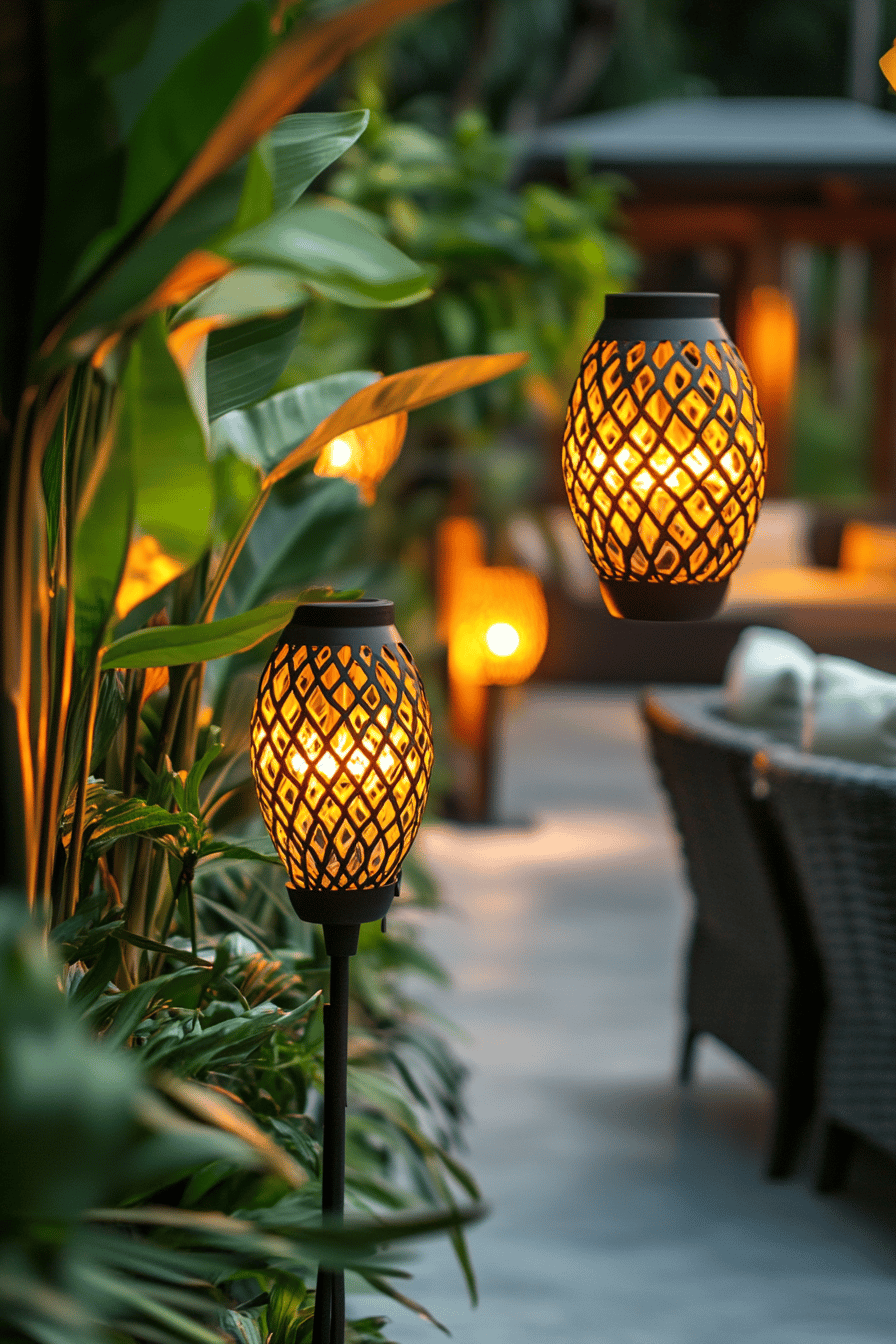 Solarleuchten beleuchten eine stilvoll dekorierte Terrasse mit Pflanzen.
