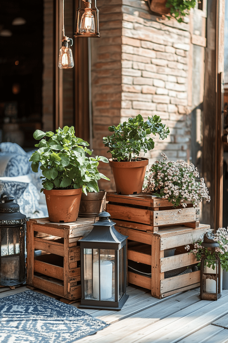 Holzkisten mit Blumen und Laternen auf einer Terrasse.
