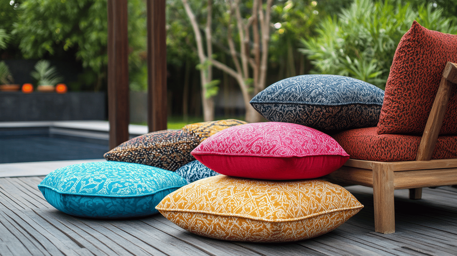 Bunte Kissen auf Holzterrasse bei Pool