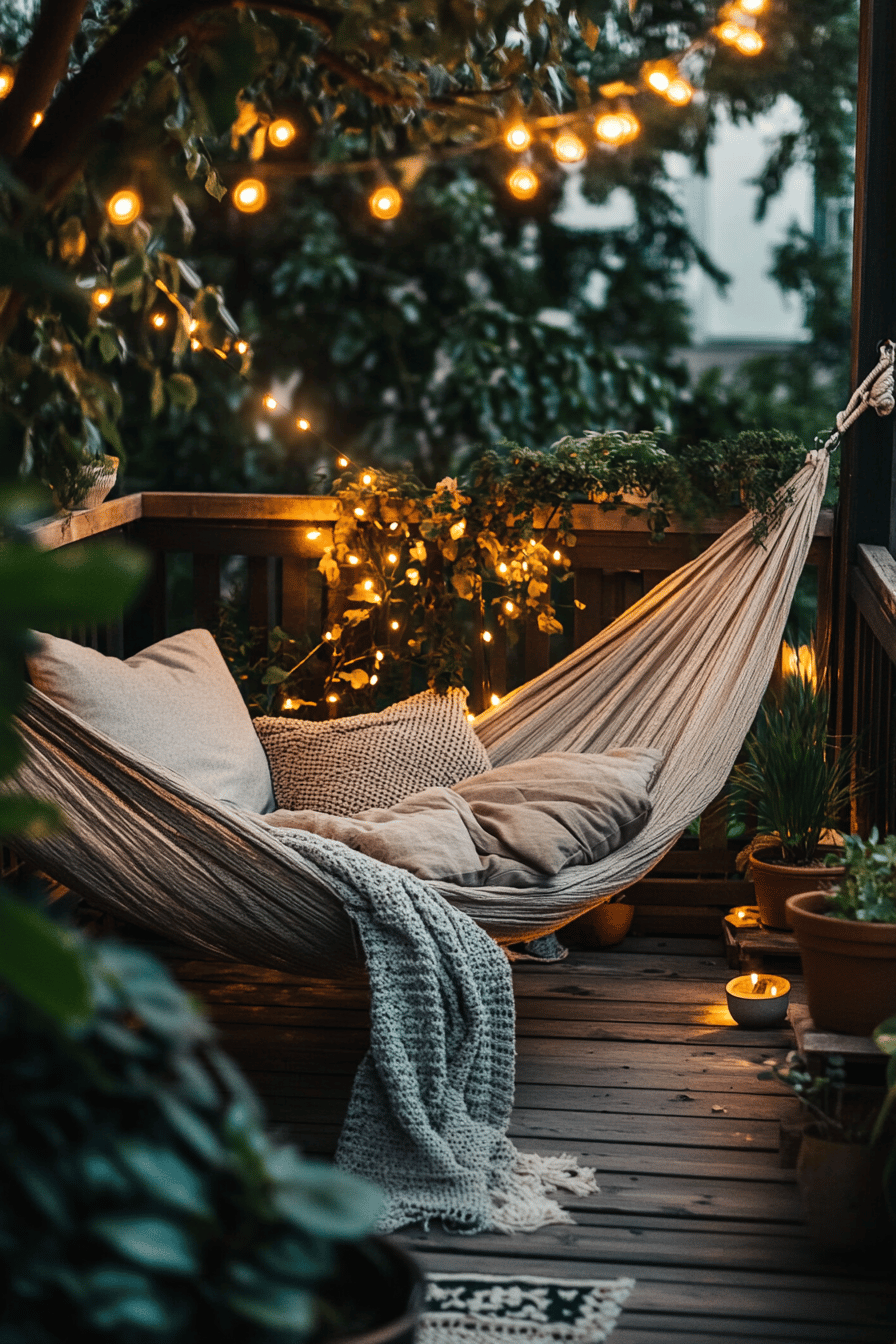 Eine gemütliche Terrasse mit Hängematte, dekoriert mit Lichterketten und Pflanzen in Töpfen.