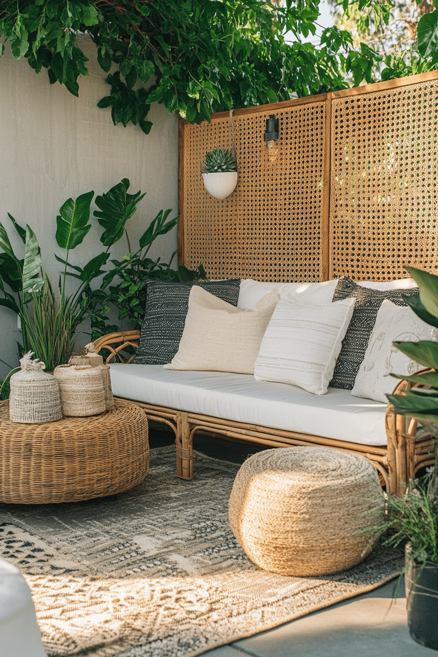 Gemütliche Terrasse mit Lounge-Möbeln und Pflanzen.