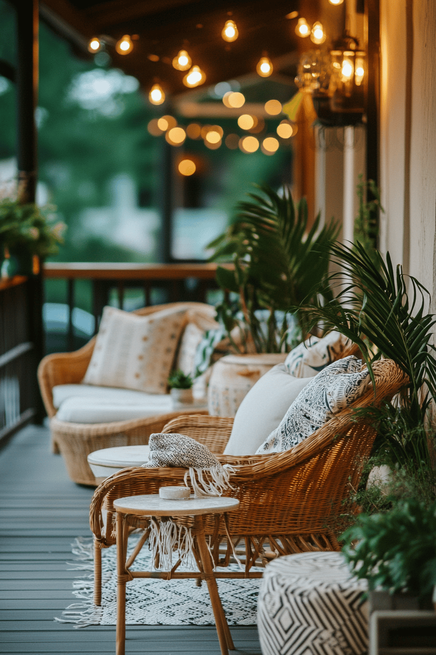 Eine Terrasse mit bequemen Rattanmöbeln und stimmungsvoller Beleuchtung.