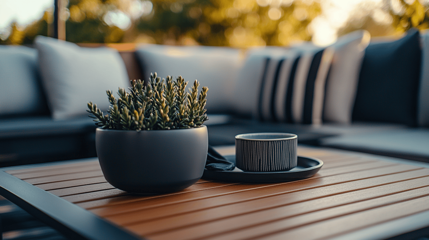 Sukkulente und Tasse auf Tisch im Freien
