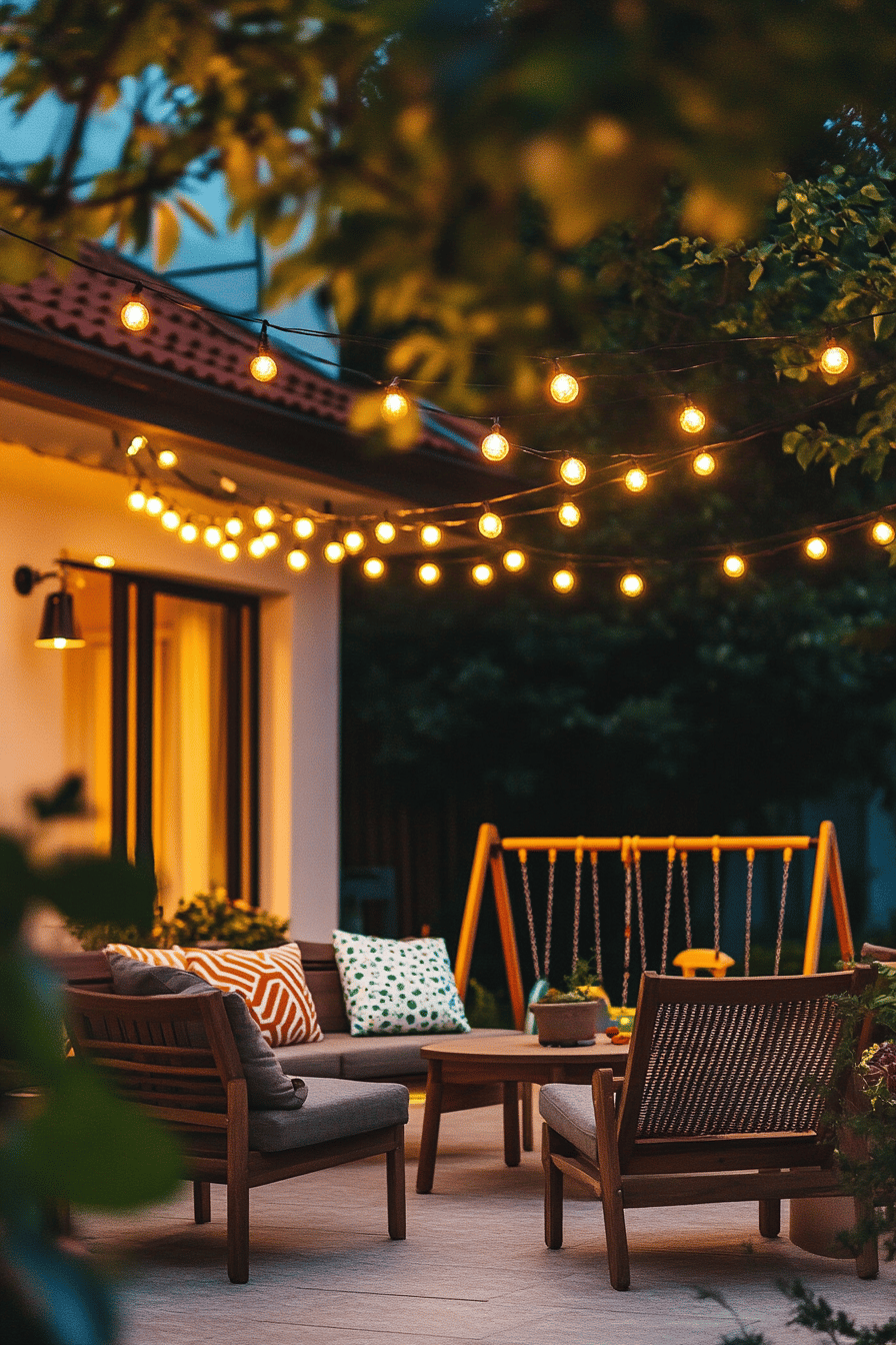 Abendliche Terrasse mit gemütlicher Beleuchtung und einer Schaukel im Hintergrund.