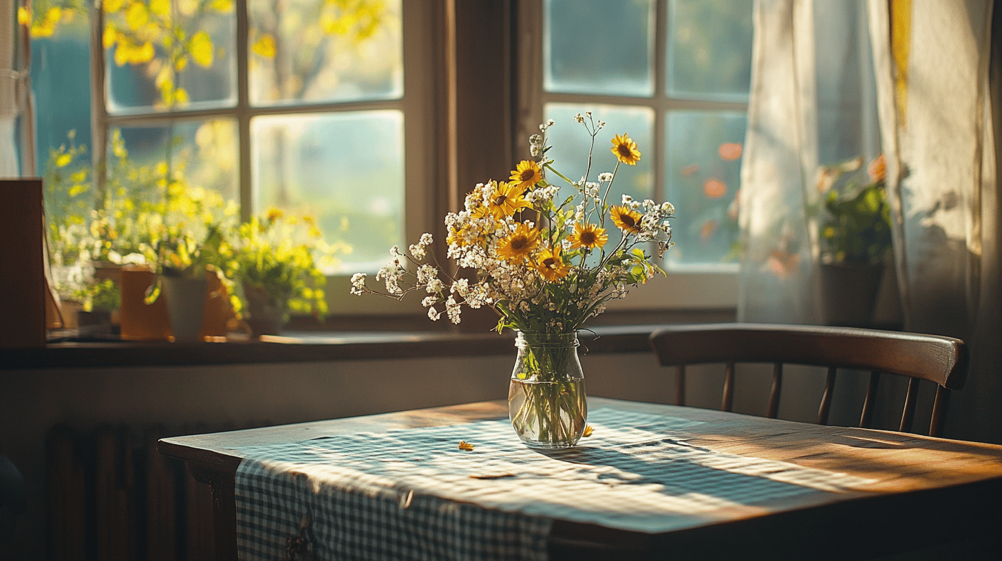 Blumenstrauß auf Tisch im sonnigen Raum