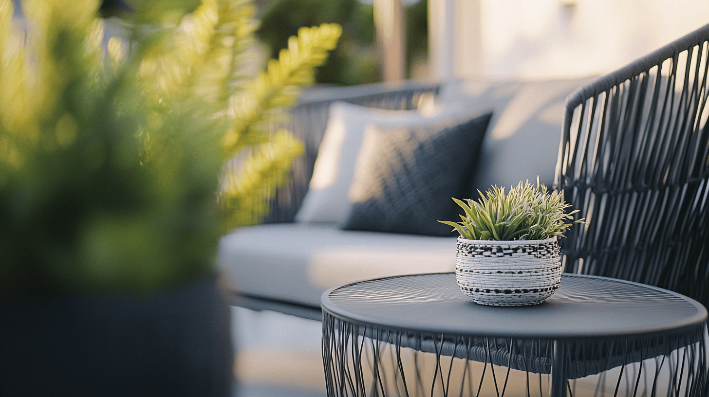 Terrassentisch mit Pflanzendekoration vor Sofa