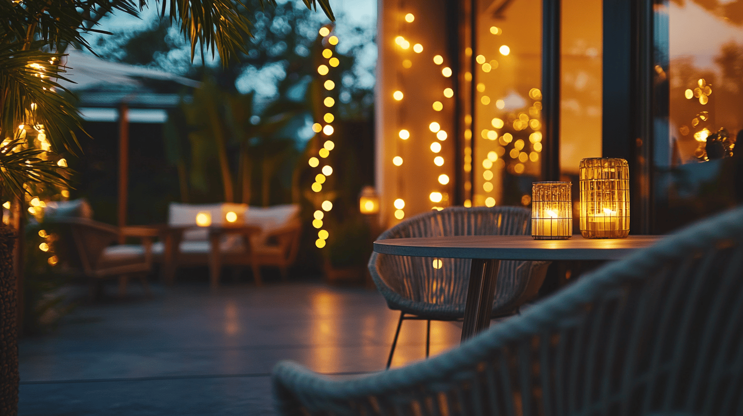 Stimmungsvolle Terrasse mit Lichtern und Kerzen