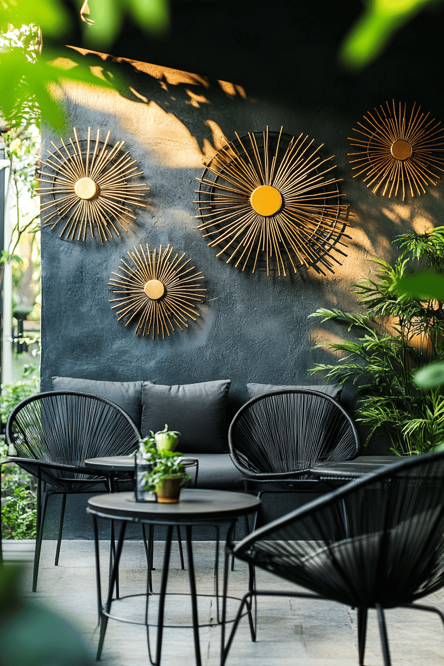 Terrasse mit schwarzer Wand und Metalldekorationen in Sonnenform, umgeben von schwarzen Möbeln.
