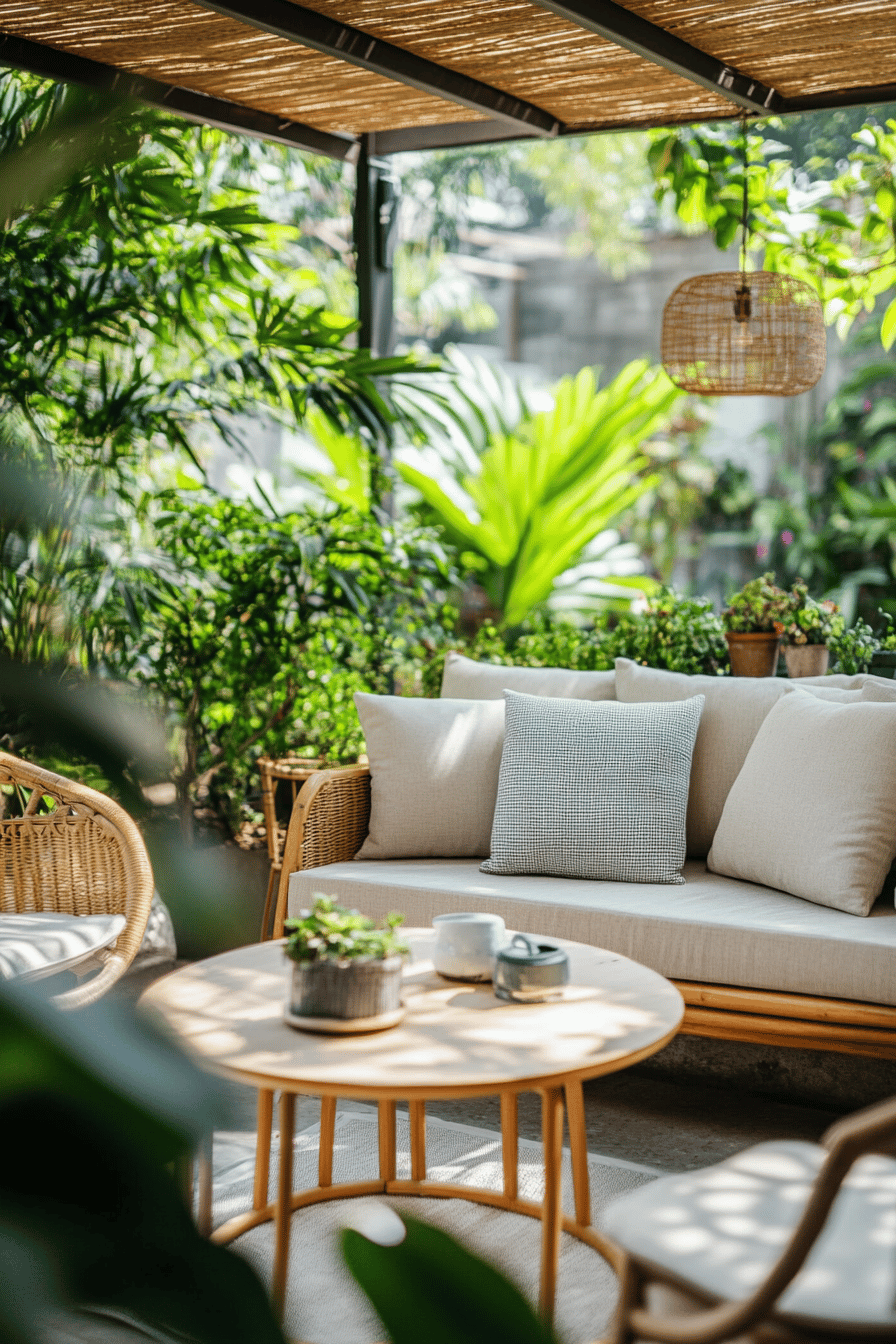 Überdachte Terrasse mit Rattanmöbeln und üppiger Begrünung.