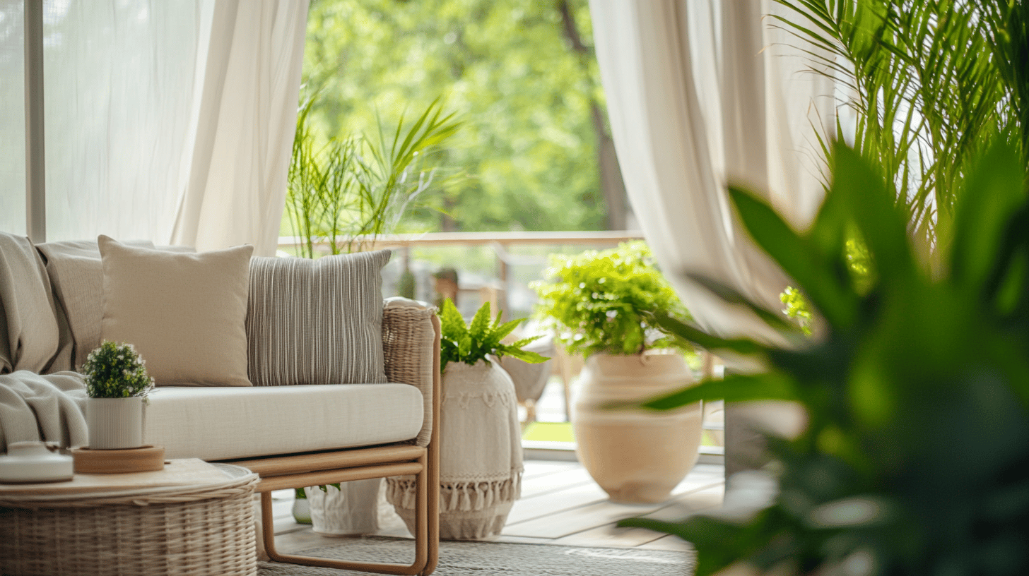Gemütliche Terrasse mit Pflanzen und Sofa