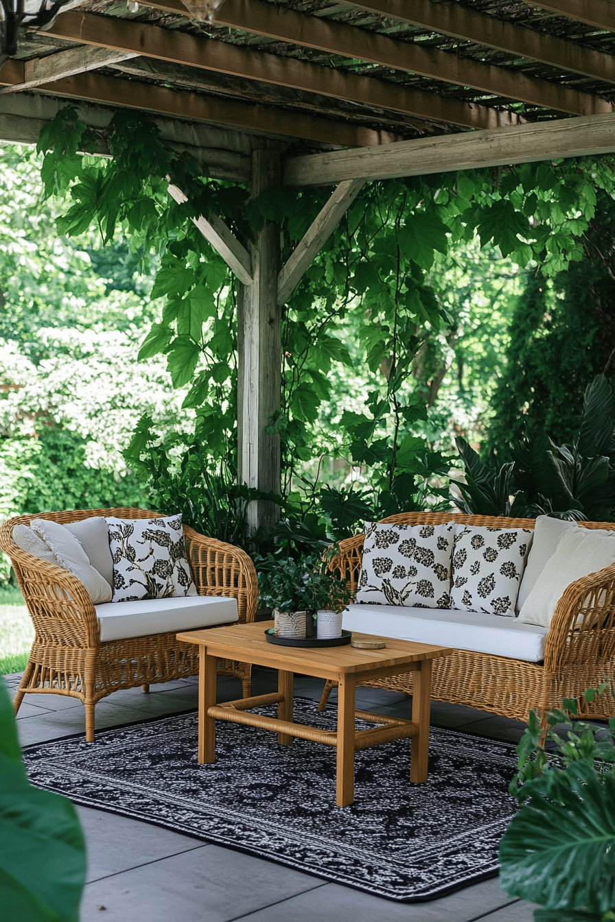 Gemütliche Rattanmöbel auf einer überdachten Terrasse mit Pflanzen.