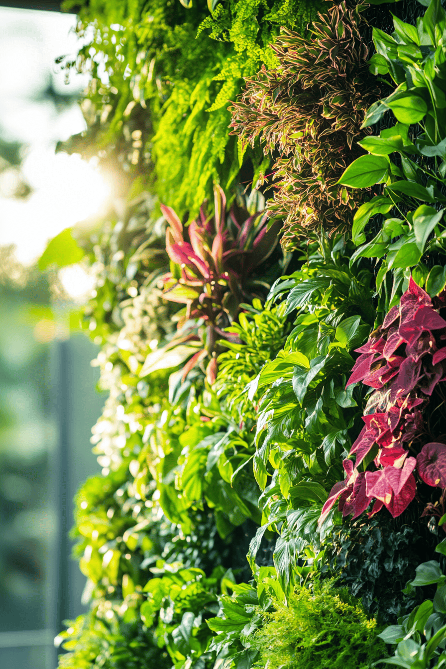 Üppige vertikale Gartenwand mit verschiedenen Pflanzenarten.