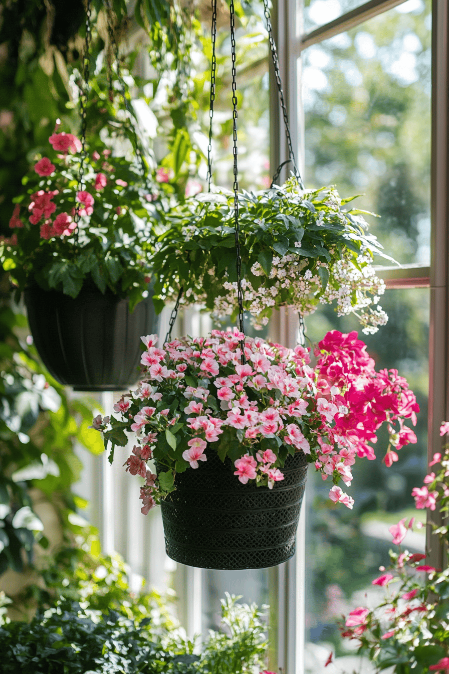 Hängende Blumentöpfe mit rosa und weißen Blumen an einem sonnigen Fenster.
