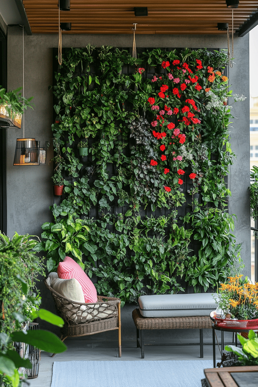 Vertikale Pflanzwand mit üppigem Grün und bunten Blumen auf einer Terrasse.