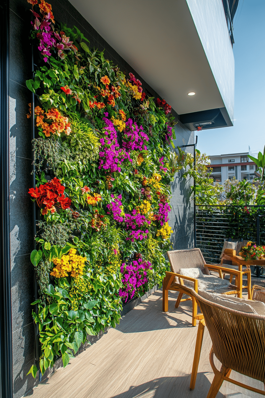 Eine Terrasse mit bunten vertikalen Gärten als Dekoration.