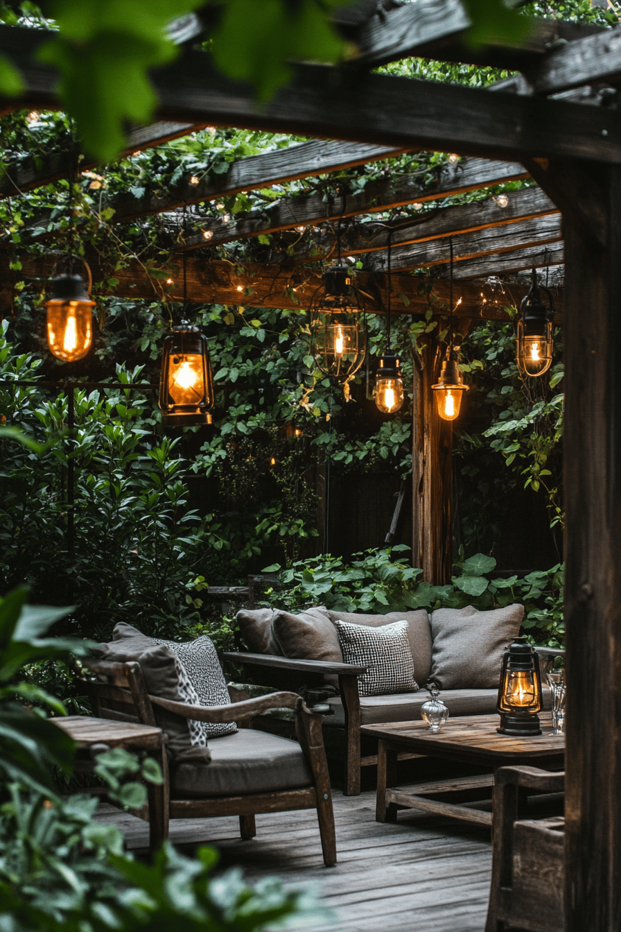 Gemütliche Terrasse mit Vintage-Laternen und Holzmöbeln im Grünen.